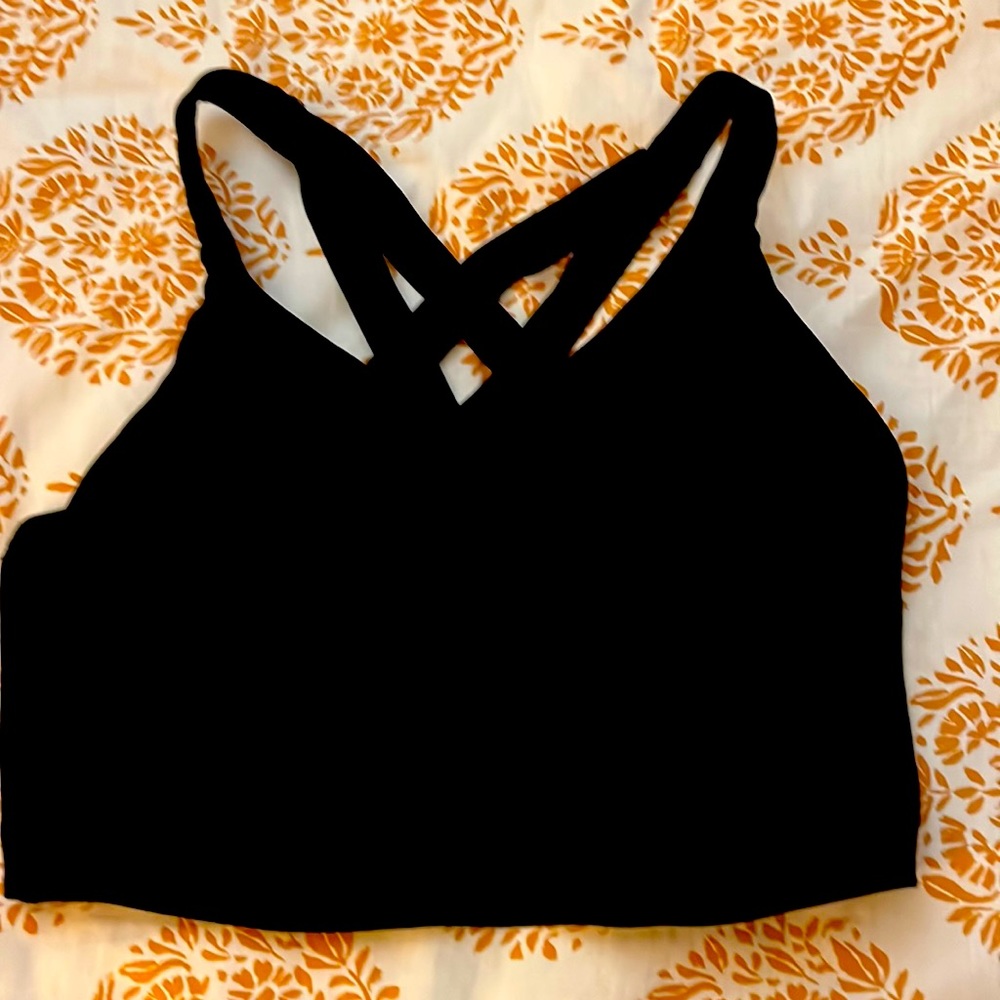 Black lululemon athletic bra, multi strap cross back